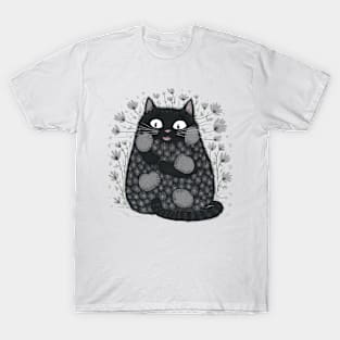 A black fat cat with flowers T-Shirt